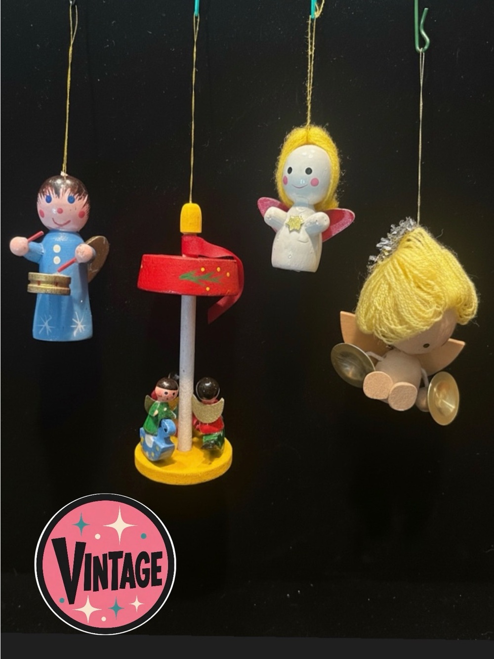 Vtg 1970s–80s Wooden Angel Christmas Ornaments Set of 4 w/ Rare Angel Carousel
